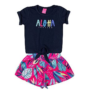 Conjunto Infantil Menina T-shirt Aloha e Short Estampado