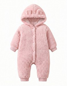 Macacão Bebê Teddy Peluciado com Capuz Rosa