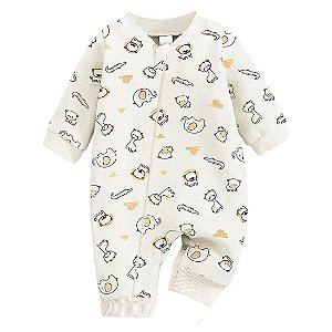 Macacão Bebê Suedine 100% Algodão Estampado Bichinhos Unissex Manga Longa Confortável