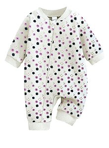 Macacão Bebê Suedine 100% Algodão Estampado Florzinhas Manga Longa Confortável