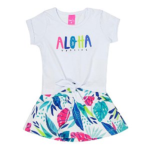 Conjunto Infantil Menina T-shirt Aloha Branca e Short Estampado