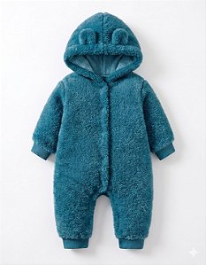Macacão Bebê Teddy Peluciado com Capuz Turquesa