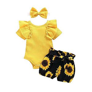 Conjunto  Girassol- Body, Shorts e Lacinho de Cabeça