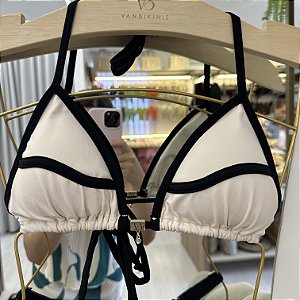 Cortininha 018 com bojo removível Ipanema off white com viés e detalhes preto (calcinha não inclusa)