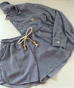 Camisa + shorts bolso micro linho listras marinho