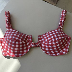 Meia Taça com fru-fru alça Bojo Maleável 093 aro xadrez vermelho (CALCINHA NÃO INCLUSO)