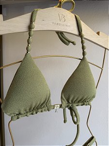 Cortininha 004 com Bojo Removível tecido Tulum pistache com miçangas alças ( CALCINHA NÃO INCLUSO)