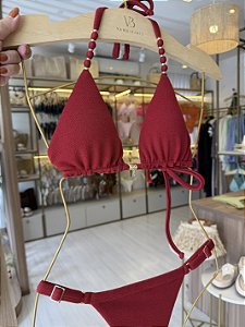 Cortininha 004 com Bojo Removível tecido Tulum vermelho com miçangas alças ( CALCINHA NÃO INCLUSO)