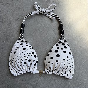 Top cortininha com bojo detalhes trançados e miçangas alças com bojo removível Tecido Lumiere poa off(CALCINHA NÃO INCLUSO)