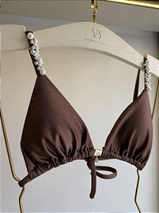 Top cortininha com bojo removível 004 com bordado pérolas Amalfi marrom (CALCINHA NÃO INCLUSO)