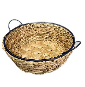 CESTA REDONDA DE FIBRA NATURAL COM ALÇA FERRO AZUL  - M