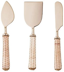 CJ 3 PÇS AÇO INOX DOURADO PARA QUEIJO COM CABO RATTAN