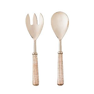 CONJUNTO 2 PÇS AÇO INOX DOURADO PARA SALADA COM CABO RATTAN