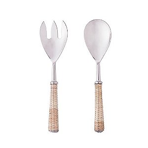 CONJUNTO 2 PÇS AÇO INOX PRATA PARA SALADA COM CABO RATTAN