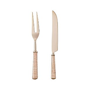 CONJUNTO 2 PÇS AÇO INOX DOURADO PARA ASSADO COM CABO RATTAN