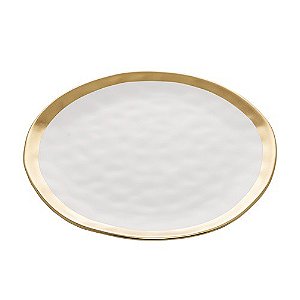 PRATO SOBREMESA DE PORCELANA BRANCO E BORDA DOURADA DUBAI