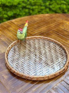 BANDEJA PENEIRA DE VIME NATURAL COM VIDRO P - PÁSSARO VERDE