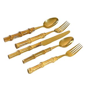 FAQUEIRO COM 5 PEÇAS DE INOX DOURADO E BAMBU NATURAL