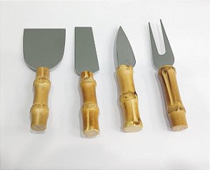 CONJ. DE 4 PEÇAS PARA QUEIJO DE INOX E BAMBU NATURAL
