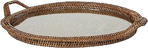 BANDEJA REDONDA BAIXA COM VIDRO E ALÇA - RATTAN
