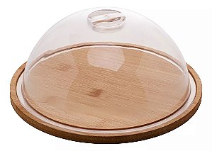 QUEIJEIRA / PORTA QUEIJO REDONDA DE BAMBU COM TAMPA DE PLÁSTICO