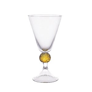 TAÇA EM VIDRO TRANSPARENTE COM HASTE BOLA ÂMBAR