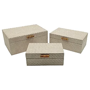 CONJ. 3 CAIXAS DE MADEIRA OFF WHITE COM PUXADOR DE BAMBU
