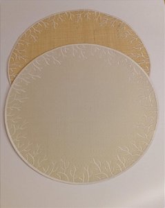 JOGO AMERICANO CORAL EM PALHA NATURAL COM BORDA BRANCO DUPLA FACE