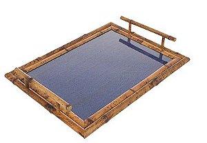 BANDEJA LUCIANA RETANGULAR COM ALÇA BAMBU NATURAL/PALHA AZUL/VIDRO