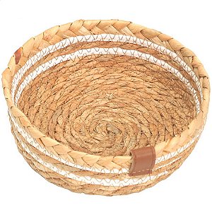 CESTA REDONDA EM PALHA NATURAL COM DETALHE BRANCO - M