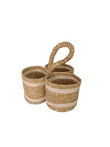 PORTA TALHERES REDONDO EM PALHA NATURAL COM DETALHE BRANCO