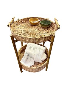 MESA / FRUTEIRA EM VIME NATURAL E BAMBU COM CESTA REMOVÍVEL COM VIDRO