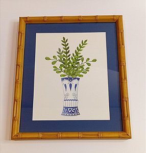 QUADRO GRAVURA PLANTA ZAMIOCULCA NO VASO AZUL E BRANCO