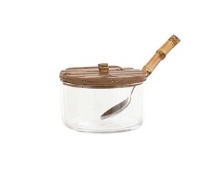 CJ 2 PEÇAS DE VIDRO - PORTA GELÉIA / PORTA QUEIJO C/ COLHER - BAMBU NATURAL