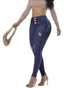 Calça Jeans Feminina Detalhes Transado Cós Alto Jeans Premium Modeladora
