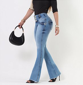 CALÇA JEANS FLARE BOCA LARGA AZUL AÇO CINTURA ALTA CÓS LARGO DONA SCOTT JEANS ELASTANO