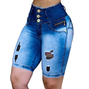 Calça Jeans Cós Alto Azul Aço 3 Botões Lycra Modeladora