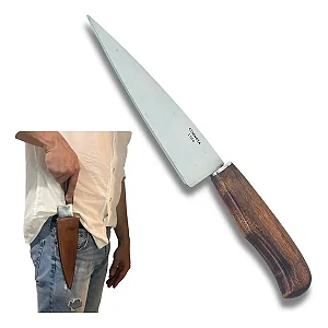 Faca Tipo Peixeira Artesanal Lâmina Tesoura Corneta + Bainha de couro