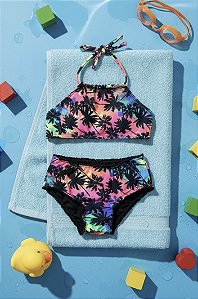 Biquini cropped infantil coqueiros colorido