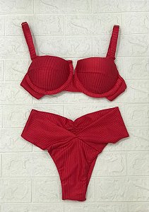 Biquini meia taça canelado calcinha lipo vermelho