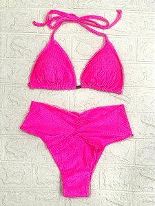 Biquini cortininha canelado calcinha lipo pink