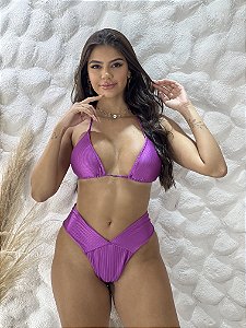Biquini cortininha canelado calcinha lipo roxo