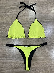 Biquini Cortininha Dupla Face - Preto e Neon