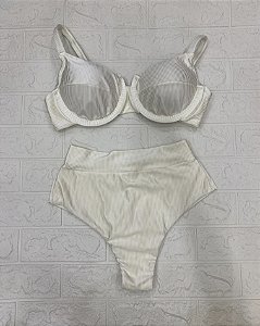 Biquini meia taça hot pant canelado - pérola