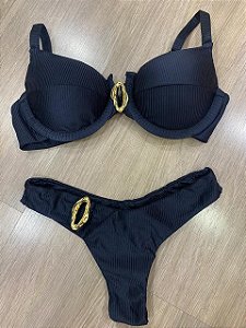Biquini meia taça canelado orgânico - preto