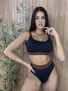 Biquini hot pant top bicolor (preto e bronze)