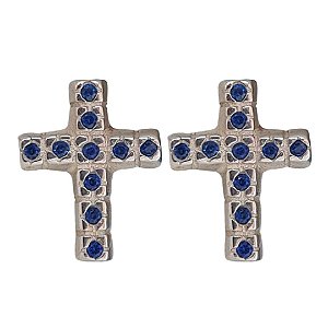 Brinco Cruz zircônia Safira de Prata 925