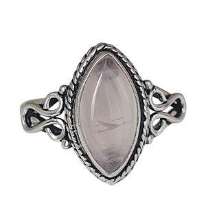 Anel Quartzo Rosa Navete Prata 925
