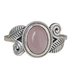 Anel Quartzo Rosa Folhas Prata 925