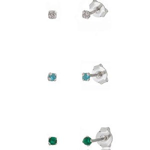 Brinco Trio Esmeralda Água Marinha Cristal Prata 925